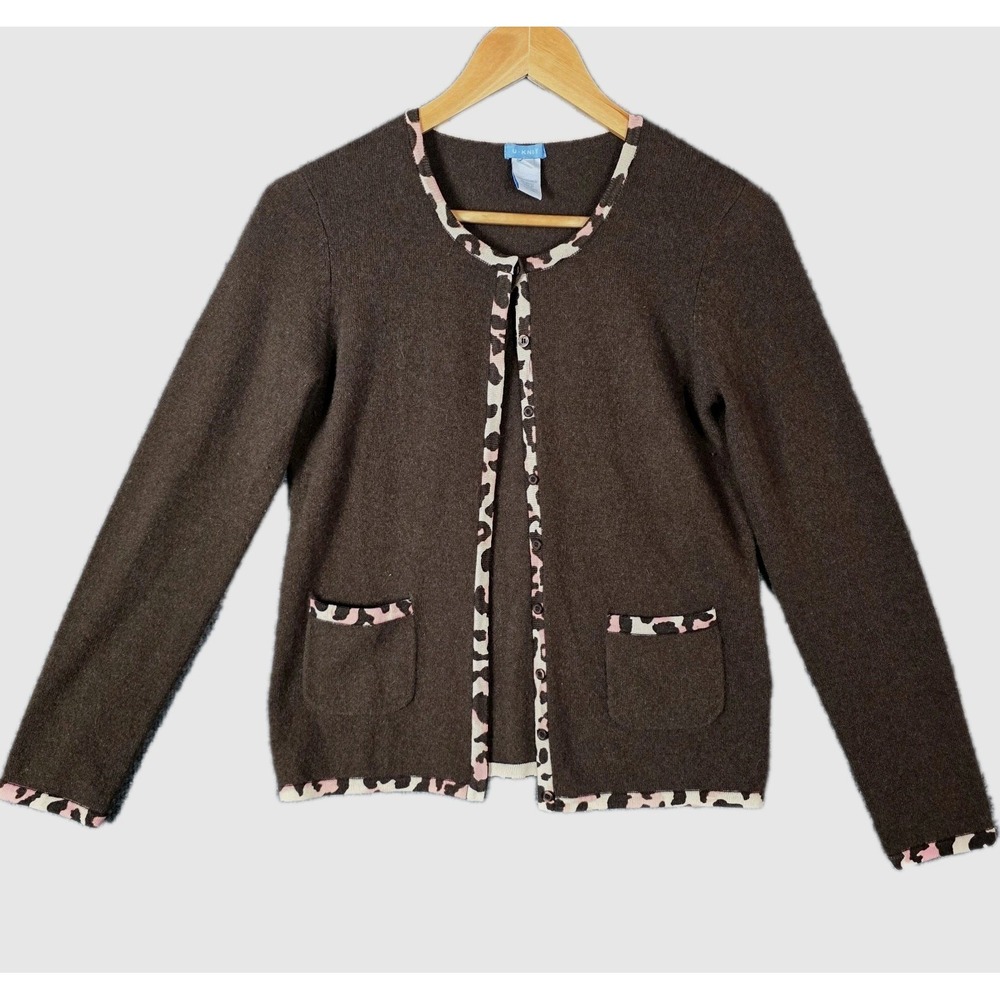 U-Knit 100% Cashmere Sweater Cardigan Womens S Brown Leopard Animal Print Soft